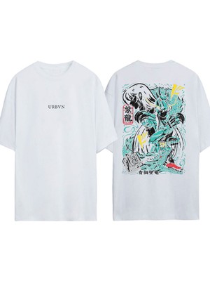 Urbvn Animee 7 Tasarım Baskılı Beyaz Oversize T-Shirt