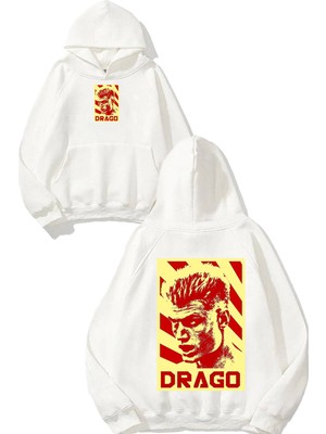 Urbvn Draco Tasarım Baskılı Oversize Beyaz Kapüşonlu Sweatshirt