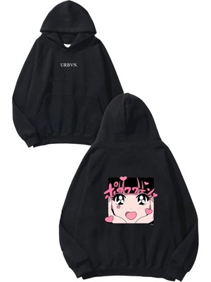 Urbvn Kalpli Anime Tasarım Baskılı Oversize Siyah Kapüşonlu Sweatshirt