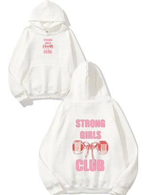 Urbvn Strong Girl Tasarım Baskılı Oversize Beyaz Kapüşonlu Sweatshirt