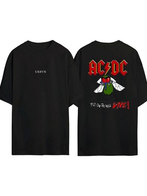 Urbvn Acdc 5 Tasarım Baskılı Siyah Oversize T Shirt