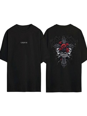 Urbvn Guns Guns Tasarım Baskılı Siyah Oversize T Shirt