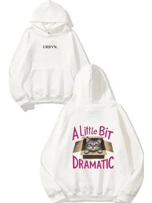 Urbvn Dramatic Cat Tasarım Baskılı Oversize Beyaz Kapüşonlu Sweatshirt