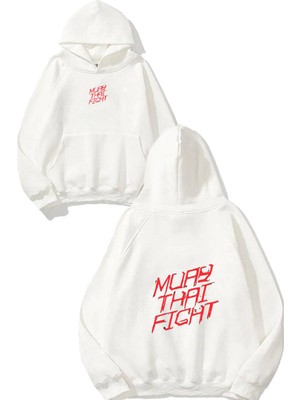 Urbvn Muaythai Fight Tasarım Baskılı Oversize Beyaz Kapüşonlu Sweatshirt