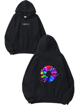 Urbvn Kırık CD Tasarım Baskılı Oversize Siyah Kapüşonlu Sweatshirt