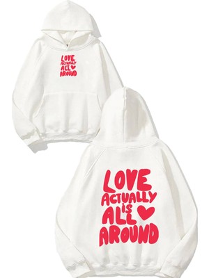 Urbvn Around Tasarım Baskılı Oversize Beyaz Kapüşonlu Sweatshirt