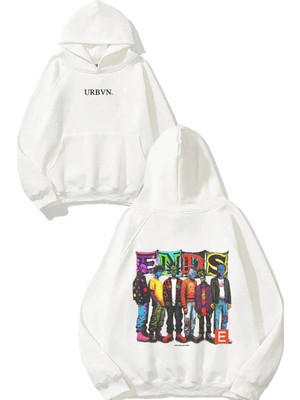 Urbvn Ends Grup Tasarım Baskılı Oversize Beyaz Kapüşonlu Sweatshirt