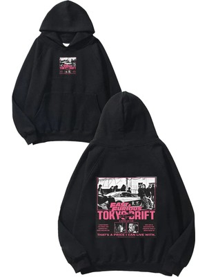 Urbvn Tokio Car Tasarım Baskılı Oversize Siyah Kapüşonlu Sweatshirt