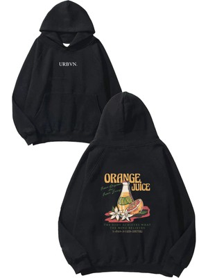 Urbvn Orange Juice Tasarım Baskılı Oversize Siyah Kapüşonlu Sweatshirt