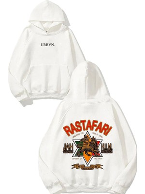 Urbvn Rastafari Tasarım Baskılı Oversize Beyaz Kapüşonlu Sweatshirt