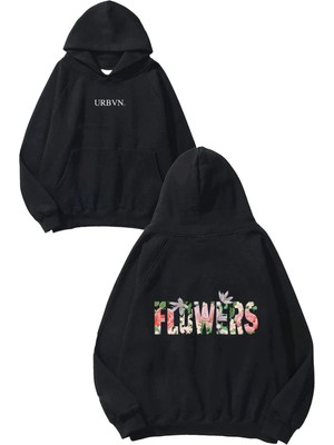 Urbvn Flowers Tasarım Baskılı Oversize Siyah Kapüşonlu Sweatshirt