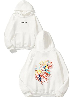 Urbvn Anime Power Tasarım Baskılı Oversize Beyaz Kapüşonlu Sweatshirt