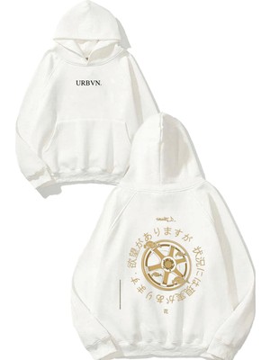 Urbvn Japon Tekerlek Tasarım Baskılı Oversize Beyaz Kapüşonlu Sweatshirt