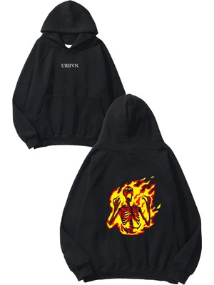 Urbvn Fireball Tasarım Baskılı Oversize Siyah Kapüşonlu Sweatshirt