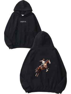 Urbvn Rodeo Man Tasarım Baskılı Oversize Siyah Kapüşonlu Sweatshirt