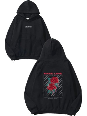 Urbvn Make Love Tasarım Baskılı Oversize Siyah Kapüşonlu Sweatshirt