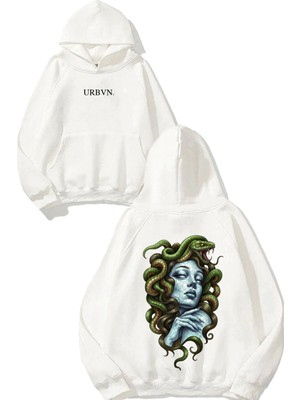 Urbvn Snake And Girl Tasarım Baskılı Oversize Beyaz Kapüşonlu Sweatshirt