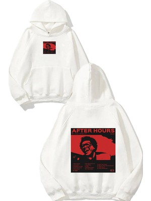 Urbvn After Hours Tasarım Baskılı Oversize Beyaz Kapüşonlu Sweatshirt