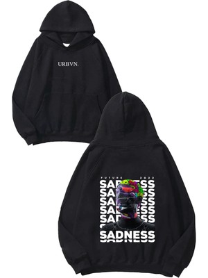 Urbvn Sadness Tasarım Baskılı Oversize Siyah Kapüşonlu Sweatshirt