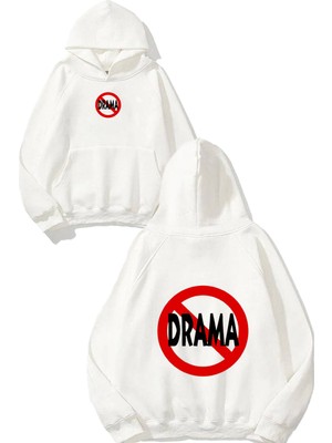 Urbvn No Drama Tasarım Baskılı Oversize Beyaz Kapüşonlu Sweatshirt