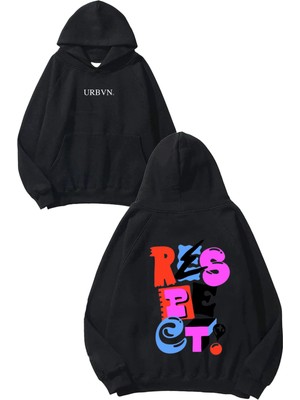 Urbvn Respect Yazı Tasarım Baskılı Oversize Siyah Kapüşonlu Sweatshirt