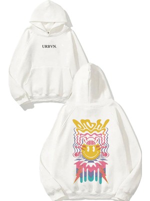 Urbvn Smile Brain Tasarım Baskılı Oversize Beyaz Kapüşonlu Sweatshirt