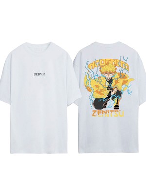 Urbvn Zenitsu Tasarım Baskılı Beyaz Oversize T-Shirt