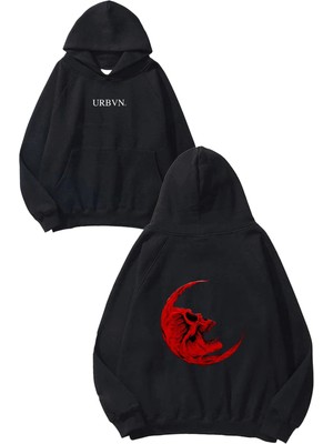 Urbvn Skull Moon Tasarım Baskılı Oversize Siyah Kapüşonlu Sweatshirt