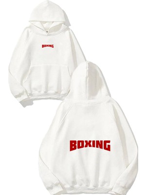 Urbvn Boxing Logo Tasarım Baskılı Oversize Beyaz Kapüşonlu Sweatshirt
