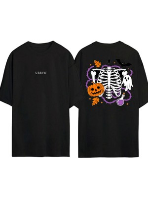 Urbvn Hallo Ween 2 Tasarım Baskılı Siyah Oversize T Shirt