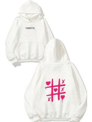 Urbvn Love Xoxo Tasarım Baskılı Oversize Beyaz Kapüşonlu Sweatshirt