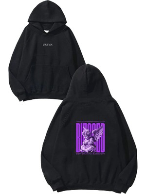 Urbvn Blessed 1 Tasarım Baskılı Oversize Siyah Kapüşonlu Sweatshirt