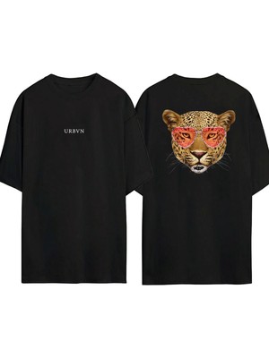 Urbvn Cool Leopar Tasarım Baskılı Siyah Oversize T Shirt
