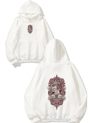 Urbvn Rock And Roll Rose Tasarım Baskılı Oversize Beyaz Kapüşonlu Sweatshirt