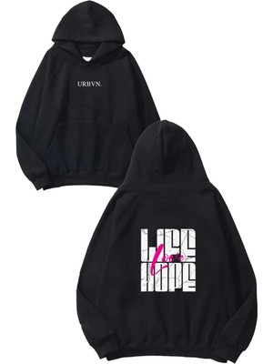 Urbvn Love Hope Tasarım Baskılı Oversize Siyah Kapüşonlu Sweatshirt