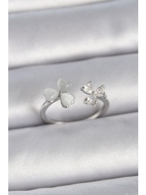 Vice Avm Pirinç Gümüş Renk Ayarlanabilir Zirkon Taşlı Beyaz Mineli Kalp Model Kadın Yüzük - TJ-BYK3389 TG-V 7495