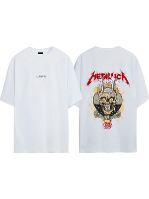 Urbvn Metallica Skull Tasarım Baskılı Beyaz Oversize T-Shirt
