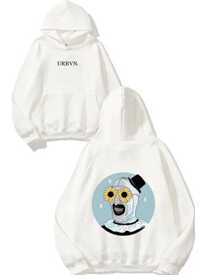 Urbvn Daisy Clown Tasarım Baskılı Oversize Beyaz Kapüşonlu Sweatshirt