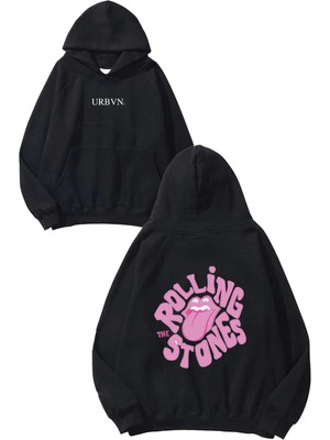 Urbvn Rolling Stones Pink Tasarım Baskılı Oversize Siyah Kapüşonlu Sweatshirt
