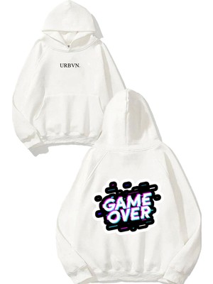 Urbvn Game Over Yazı Tasarım Baskılı Oversize Beyaz Kapüşonlu Sweatshirt
