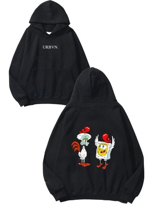 Urbvn Chicken Spongebob Tasarım Baskılı Oversize Siyah Kapüşonlu Sweatshirt