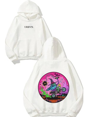 Urbvn Halloween Witch Tasarım Baskılı Oversize Beyaz Kapüşonlu Sweatshirt