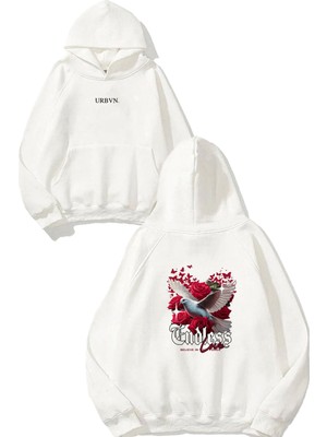 Urbvn Endless Tasarım Baskılı Oversize Beyaz Kapüşonlu Sweatshirt