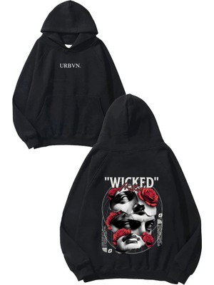 Urbvn Wicked Face Tasarım Baskılı Oversize Siyah Kapüşonlu Sweatshirt