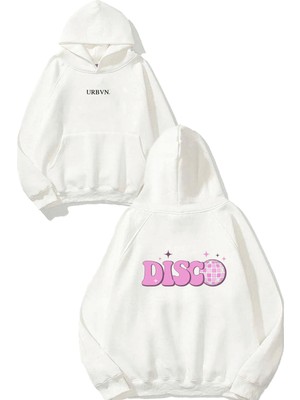 Urbvn Disco Topu Tasarım Baskılı Oversize Beyaz Kapüşonlu Sweatshirt