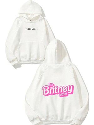 Urbvn Britney Tasarım Baskılı Oversize Beyaz Kapüşonlu Sweatshirt