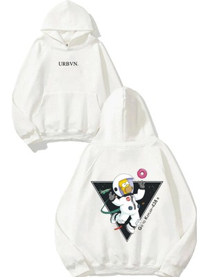 Urbvn Space Simpson Tasarım Baskılı Oversize Beyaz Kapüşonlu Sweatshirt