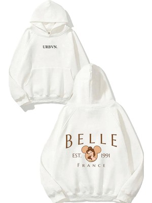 Urbvn Belle Tasarım Baskılı Oversize Beyaz Kapüşonlu Sweatshirt