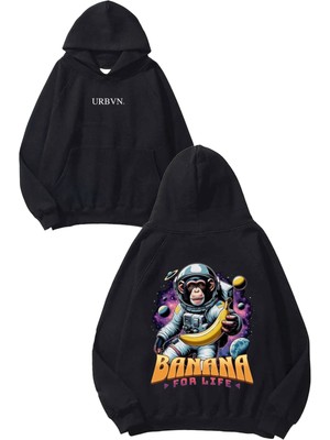 Urbvn Banana For Life Tasarım Baskılı Oversize Siyah Kapüşonlu Sweatshirt