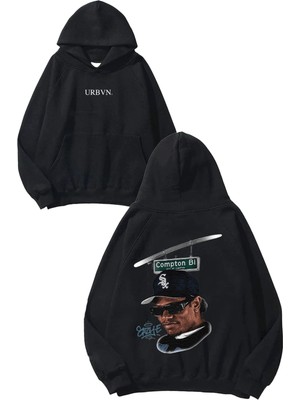 Urbvn Eazy E Smile Tasarım Baskılı Oversize Siyah Kapüşonlu Sweatshirt